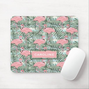 Aangepaste roze flamingo's groen palmblad patroon muismat