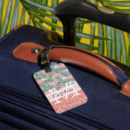 Aangepaste Roze Flamingo's Palm Bladeren Patroon Bagagelabel (Voorkant Insitu 1)