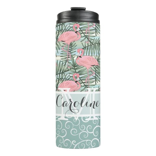 Aangepaste Roze Flamingo's Palm Bladeren Patroon Thermosbeker (Voorkant)