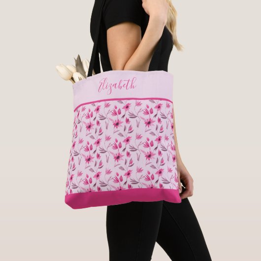 Aangepaste roze Floral Bridesmaid Wedding party Tote Bag (Dichtbij)