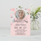 Aangepaste roze Floral Foto Retirement Party Kaart (Staand voorkant)
