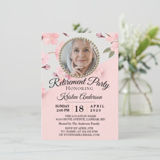 Aangepaste roze Floral Foto Retirement Party Kaart (Staand voorkant)