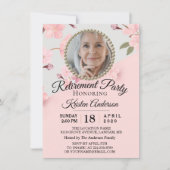 Aangepaste roze Floral Foto Retirement Party Kaart (Voorkant)