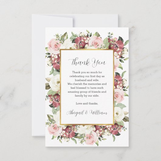 Aangepaste roze Florals Gold Lijst Groen Bedankkaart (Voorkant)