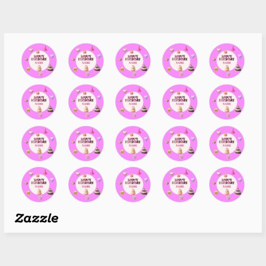 Aangepaste Roze Gelukkig Verjaardag Ronde Sticker (Vel)