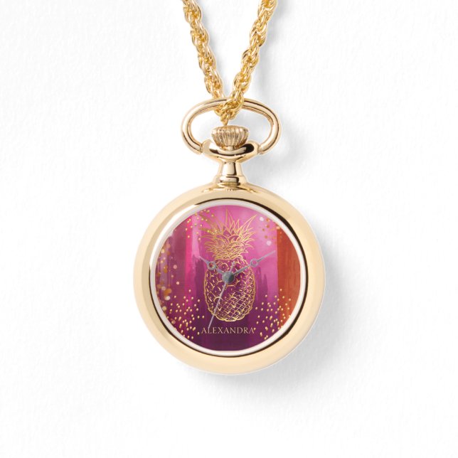 Aangepaste roze glitter-ananas horloge (Voorkant)