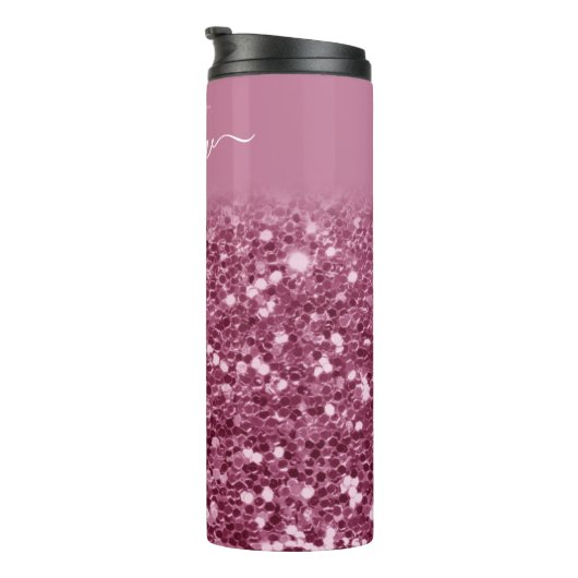 Aangepaste roze Glitter Monogram Naam Thermosbeker (Geroteerd rechts)