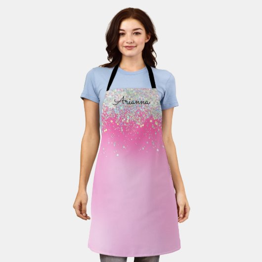 Aangepaste roze glitter-naam Kitchen Apron Schort (Gedragen)