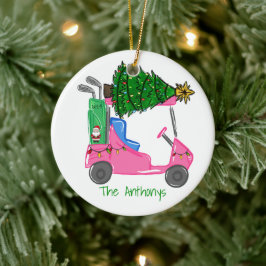 Aangepaste Roze Golfkar Santa Golf BagChristmas Tr Keramisch Ornament