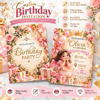 Aangepaste Roze & Gouden Prinses Verjaardagsuitnod Kaart