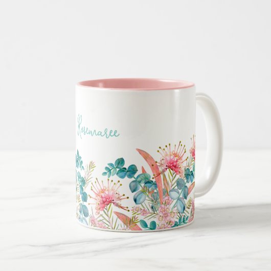 Aangepaste roze Grevillea en Eucalyptus Tweekleurige Koffiemok (Voorkant rechts)