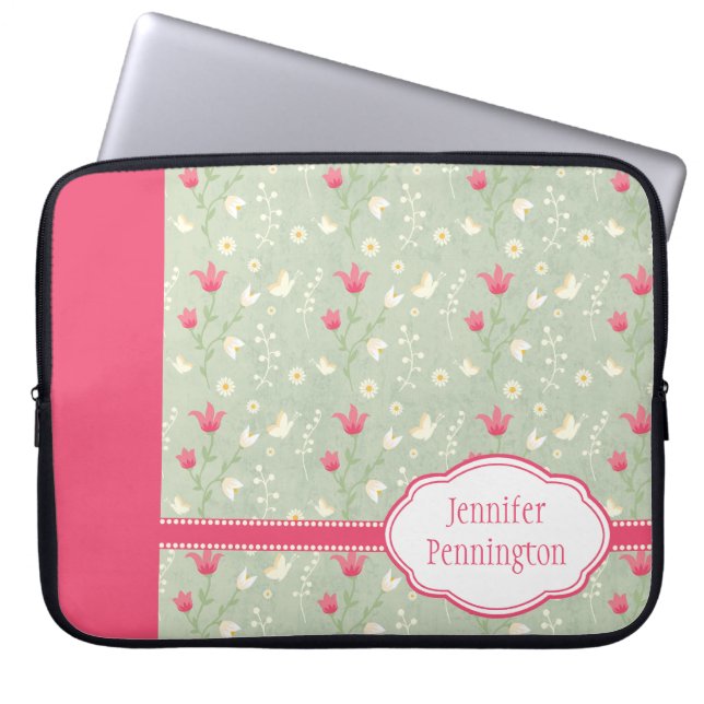Aangepaste roze groene bloemen laptophoes laptop sleeve (Voorkant)
