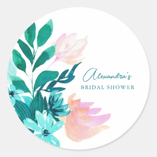 Aangepaste Roze Groene Waterverf Bloem Bruiloft Fe Ronde Sticker (Voorkant)
