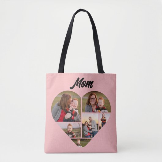 Aangepaste Roze Hart Vorm Familie Fotocollage Tote Bag (Voorkant)