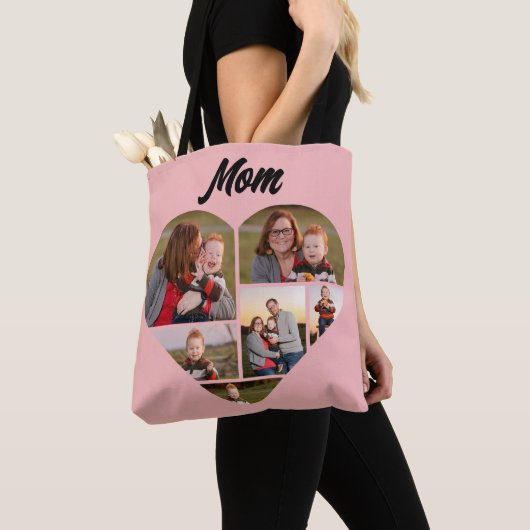 Aangepaste Roze Hart Vorm Familie Fotocollage Tote Bag (Dichtbij)