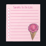 Aangepaste roze ijsklok om lijst uit te voeren notitieblok<br><div class="desc">Het ontwerp van het de notitiepad van de lijst-Stijl kenmerkt een originele tellerillustratie van een heerlijk scoop van aardbeiroze ijs in een wafelkegel. Pas je aan met je informatie. Er zijn ook veel extra geïllustreerde notitieblokken beschikbaar in deze winkel. Dit ontwerp is ook beschikbaar op andere producten. Zie je niet...</div>