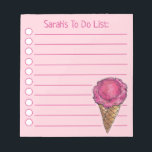 Aangepaste roze ijsklok om lijst uit te voeren notitieblok<br><div class="desc">Het ontwerp van het de notitiepad van de lijst-Stijl kenmerkt een originele tellerillustratie van een heerlijk scoop van aardbeiroze ijs in een wafelkegel. Pas je aan met je informatie. Er zijn ook veel extra geïllustreerde notitieblokken beschikbaar in deze winkel. Dit ontwerp is ook beschikbaar op andere producten. Zie je niet...</div>