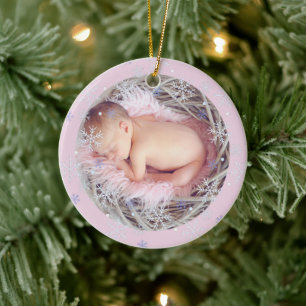 Aangepaste Roze Keepsake Foto Baby's Eerste Kerstm Keramisch Ornament