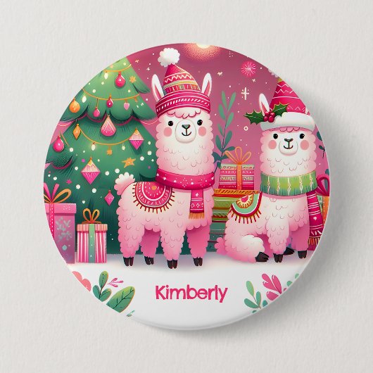 Aangepaste Roze Lama Kerst Naam Ronde Button 7,6 Cm (Voorkant)