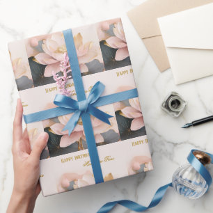 Aangepaste Roze Lotus Gouden Verjaardag Cadeaupapier