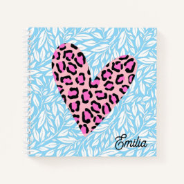 Aangepaste roze luipaard hart Blauw blad Chic Notitieboek