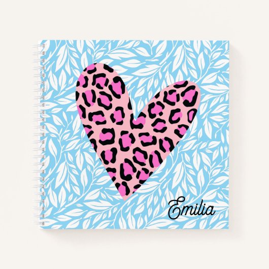 Aangepaste roze luipaard hart Blauw blad Chic Notitieboek (Voorkant)
