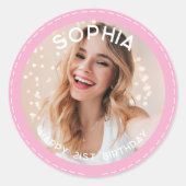 Aangepaste Roze Moderne 21e Verjaardag Foto Ronde Sticker (Voorkant)