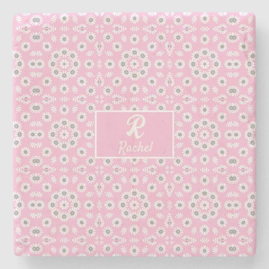 Aangepaste roze monogram bloemig stenen onderzetter (Voorkant)