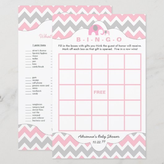 Aangepaste roze olifant baby shower bingo (Voorkant / Achterkant)
