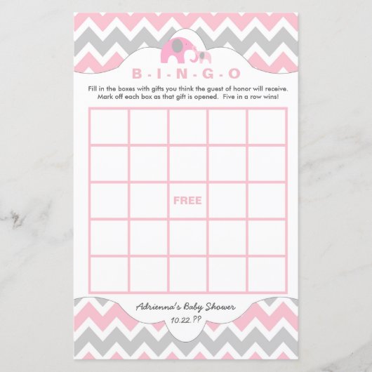 Aangepaste roze olifant baby shower bingo (Voorkant)