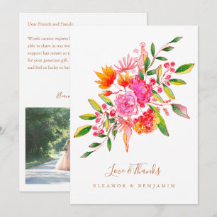 Aangepaste Roze Oranje Bloemige Foto Huwelijkskaar Bedankkaart