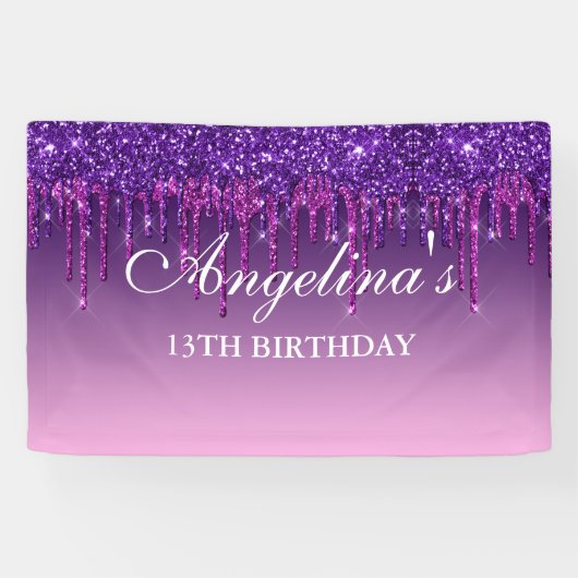 Aangepaste roze Paarse druppelaar Glitter Birthday Spandoek (Horizontaal)