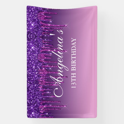 Aangepaste roze Paarse druppelaar Glitter Birthday Spandoek (Verticaal)