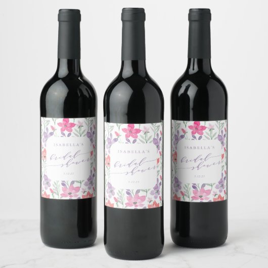 Aangepaste Roze Paarse Waterverf Bloem Bruiloft Fe Wijn Etiket (Flessen)
