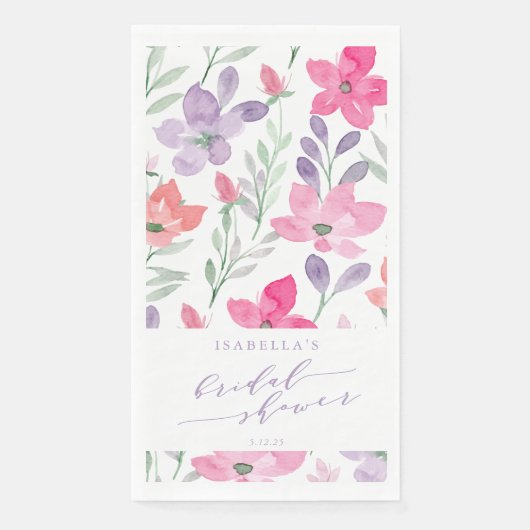 Aangepaste Roze Paarse Waterverf Bloemige Bruidsdo Servet (Voorkant)