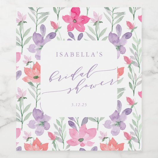 Aangepaste Roze Paarse Waterverf Bloemige Bruidsdo Wijn Etiket (Enkel label)