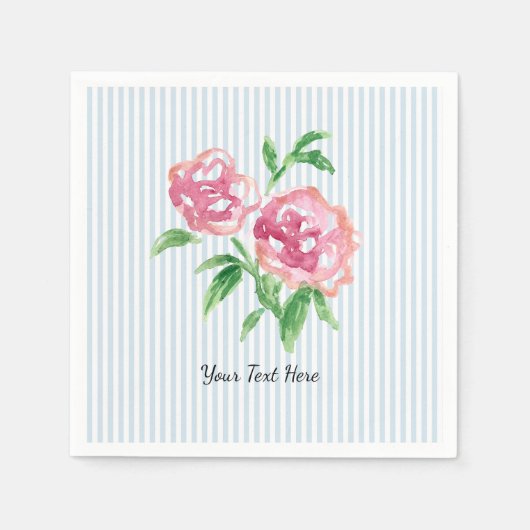 Aangepaste Roze Pioen Bloem Schildering Blauwe Str Servet (Voorkant)