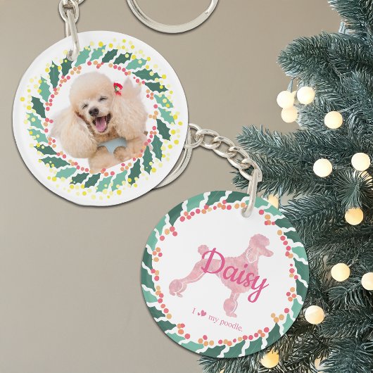 Aangepaste Roze Poedel Silhouet en Foto Ornament Sleutelhanger