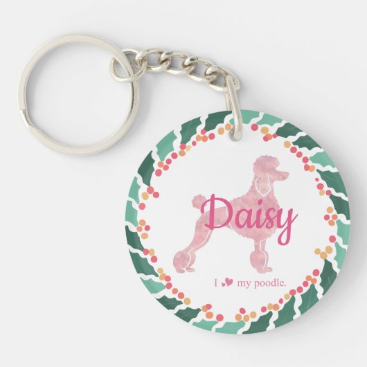 Aangepaste Roze Poedel Silhouet en Foto Ornament Sleutelhanger (Voorkant)