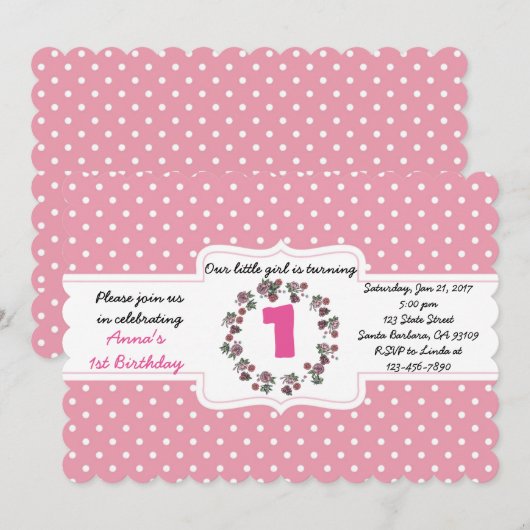 Aangepaste roze pooldot 1e verjaardag Uitnodigings Kaart (Voorkant / Achterkant)