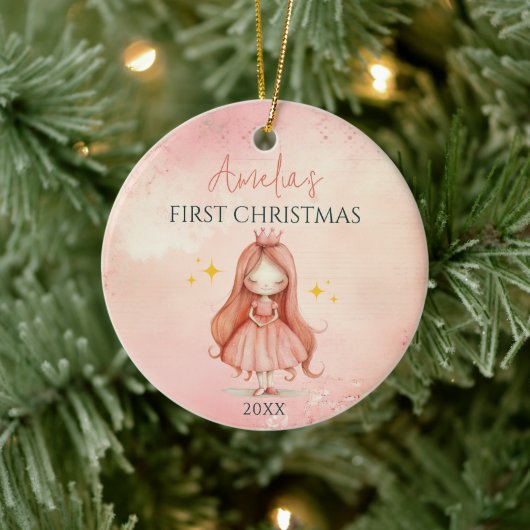 Aangepaste Roze Prinses Meisje Keepsake 1e Kerstmi Keramisch Ornament (Boom)