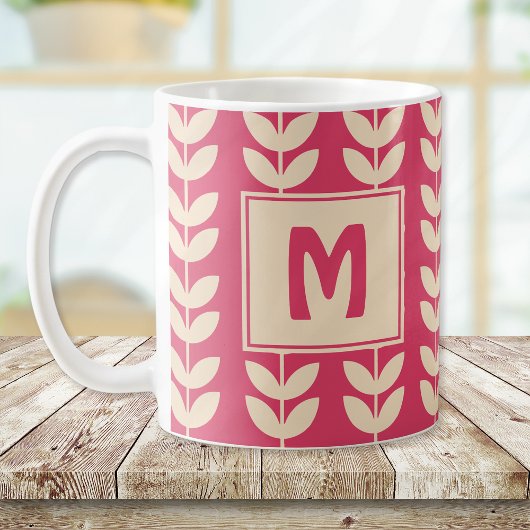 Aangepaste Roze Retro Vibe Leaf Patroon Monogram Koffiemok