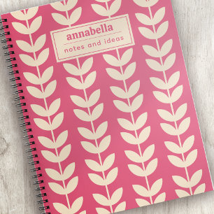 Aangepaste Roze Retro Vibe Leaf Patroon Monogram Notitieboek