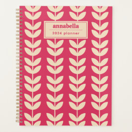 Aangepaste Roze Retro Vibe Leaf Patroon Monogram Planner