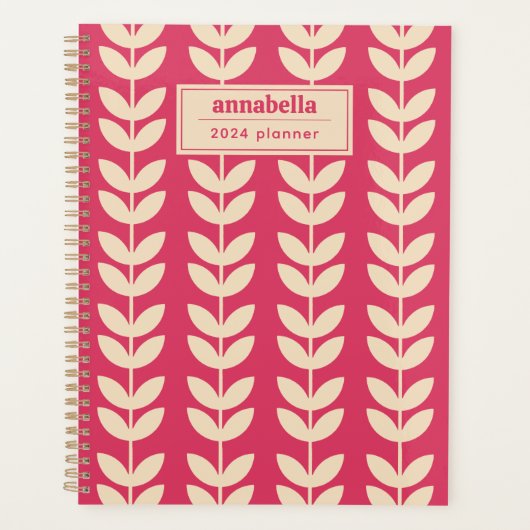 Aangepaste Roze Retro Vibe Leaf Patroon Monogram Planner (Voorkant)