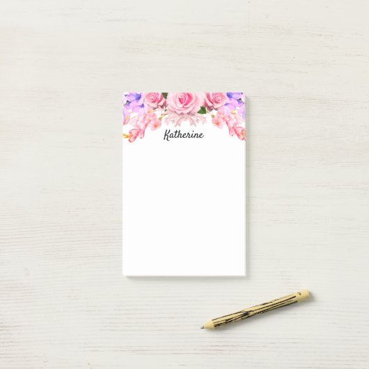Aangepaste roze roze bloemen Post-it notities Post-it® Notes (Op bureau)