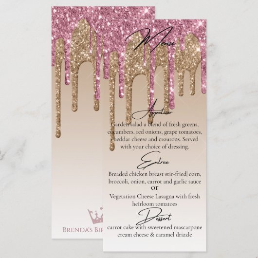 Aangepaste Roze Roze Goud Glitter Drip Elegant Din Menu (Voorkant / Achterkant)
