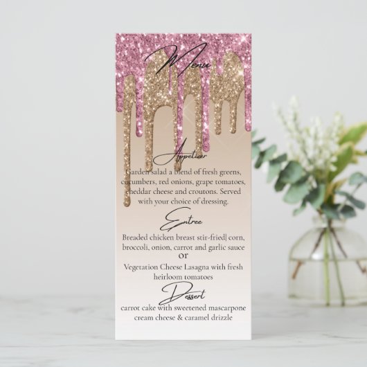 Aangepaste Roze Roze Goud Glitter Drip Elegant Din Menu (Staand voorkant)
