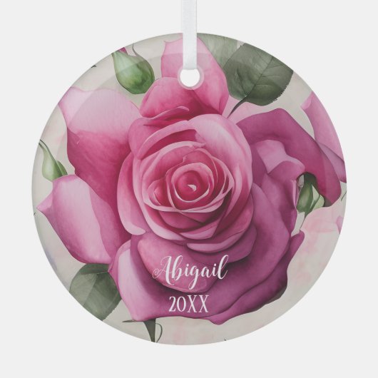Aangepaste roze rozen bloemen kerstmis glas ornament (Voorkant)