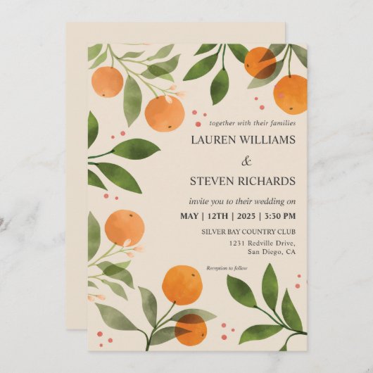 Aangepaste Roze Sinaasappels Groene bloemen Huweli Kaart (Voorkant / Achterkant)